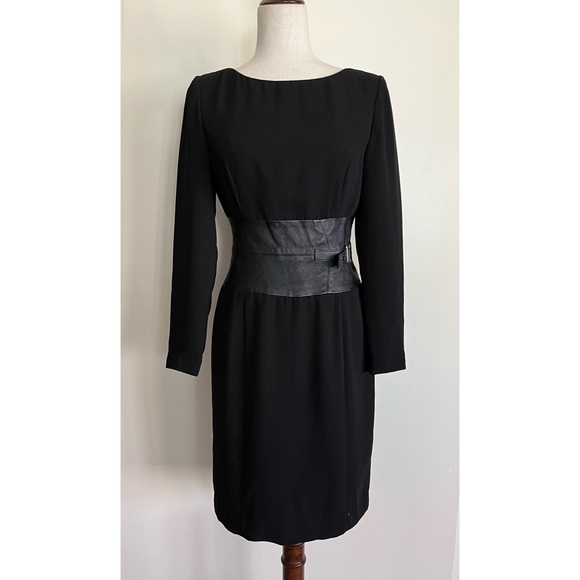 SHANI Black Long Sleeve Sheath Pencil Dress Leather Belted Corset Waist Size 4 - Picture 2 of 7